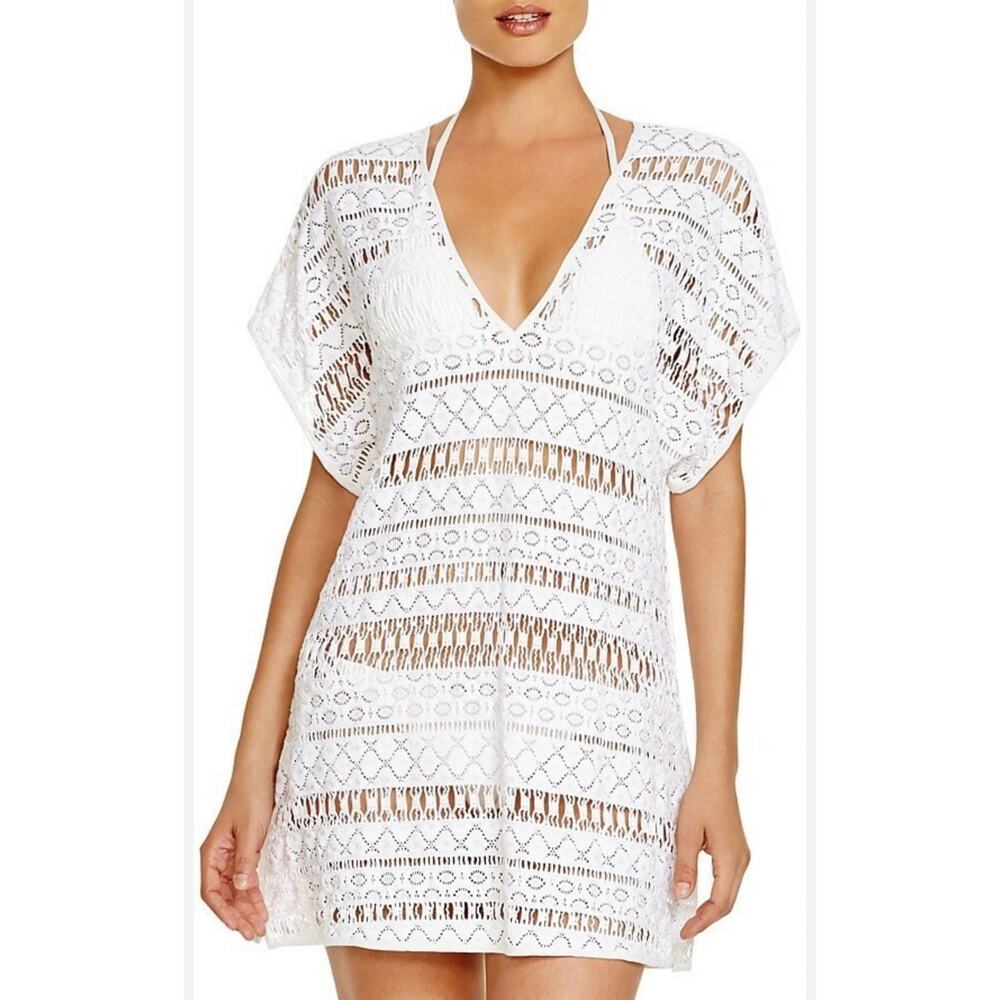 MILLY Women’s Off White Crochet Lace Dolman Sleeve Coverup Mini Dress